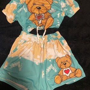 SHEIN Bear Print Two-Piece Set in Blue and Tan